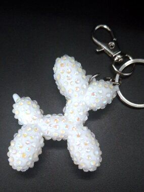 Bedazzled Balloon Dog Keychain, White Dog with Matching Stones